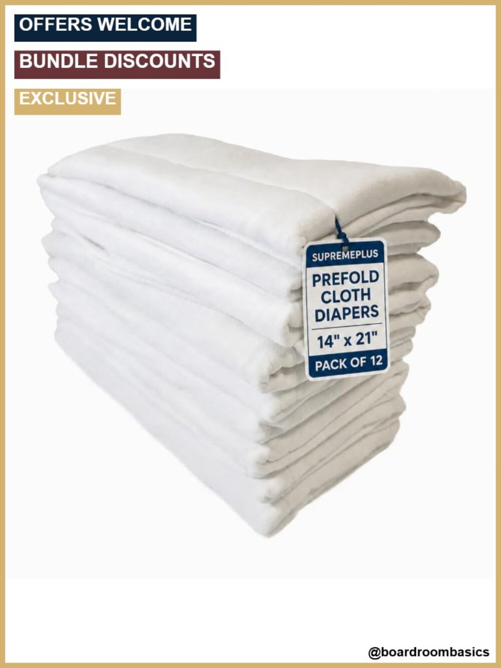 12 Pack Prefold Cloth Diapers Cotton Burp Cloths 21x14 Reusable